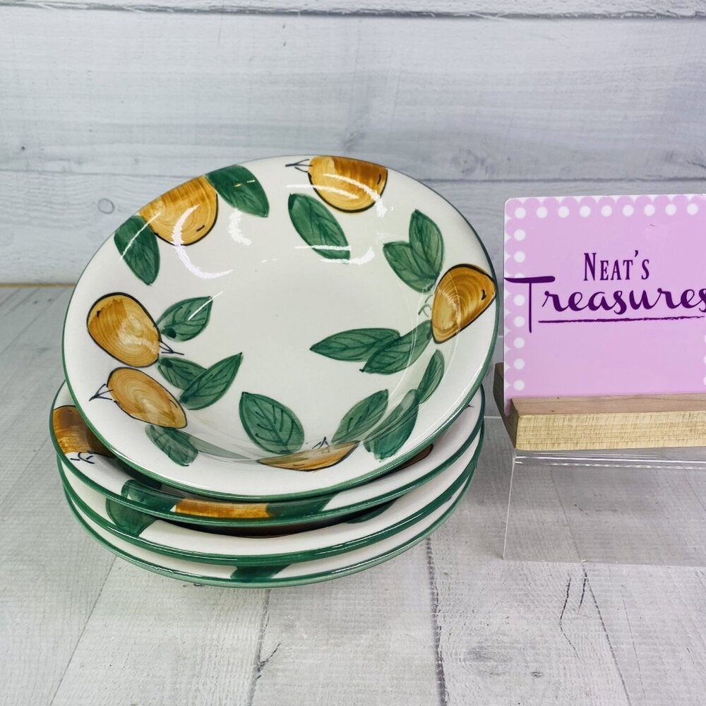 Emerald Collection Citrus Fruit Green Trim Ceramic Large Soup Cereal Bowls Set 4